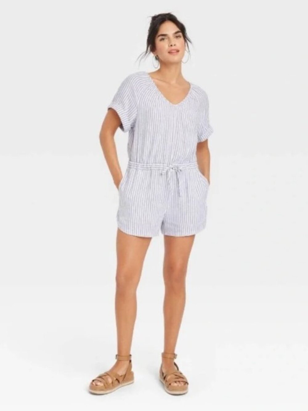 Universal Thread Blue White Striped Romper Shorts 2X NWT Gray V Neck Tie Waist